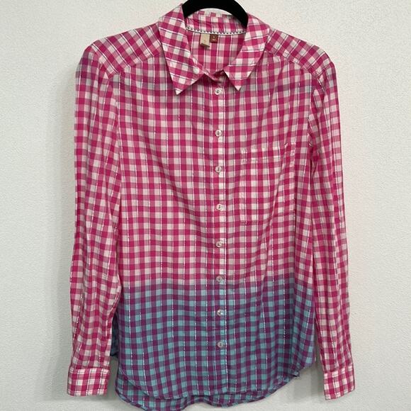 Anthropologie Pilcro Deb Shimmer Gingham Ombre Button Front Relaxed Shirt Small - Picture 2 of 13